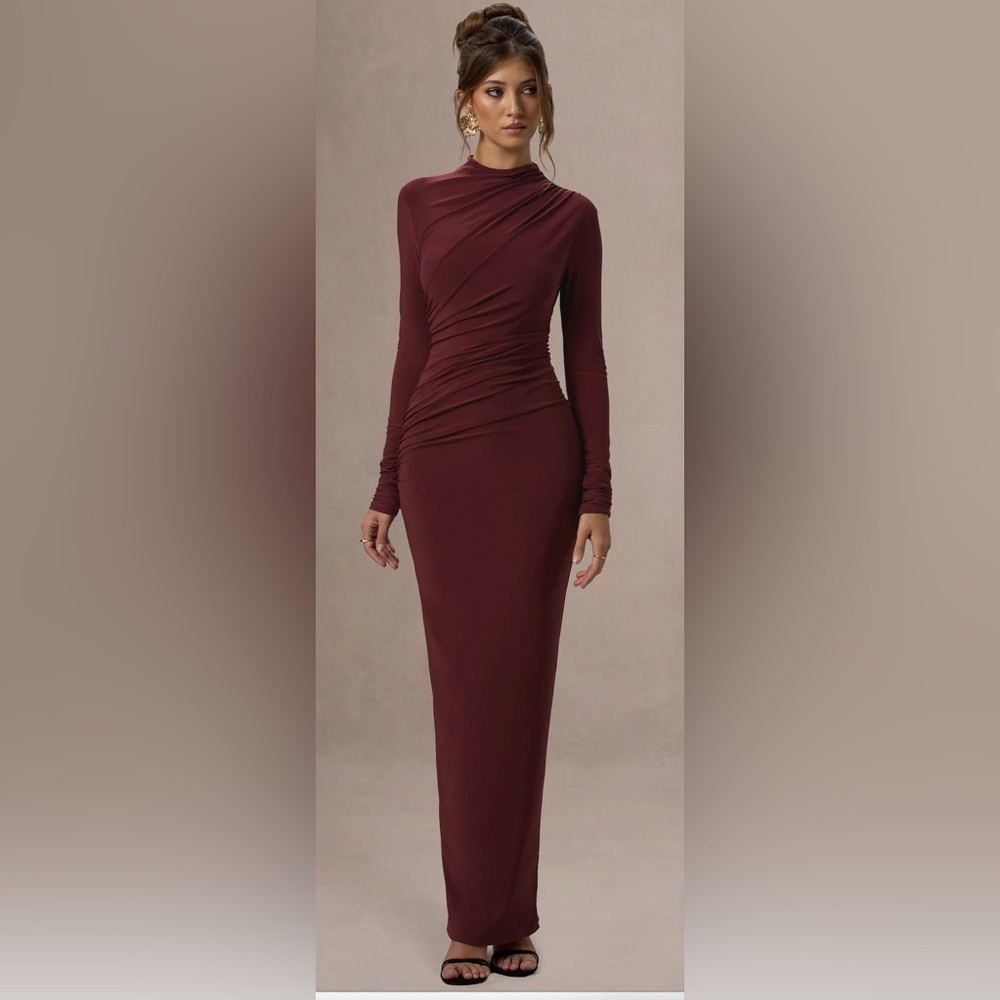 NWT Club L London BLACK Hespera Runched Long Sleeve Mock Neck Gown with Slit - Picture 3 of 7
